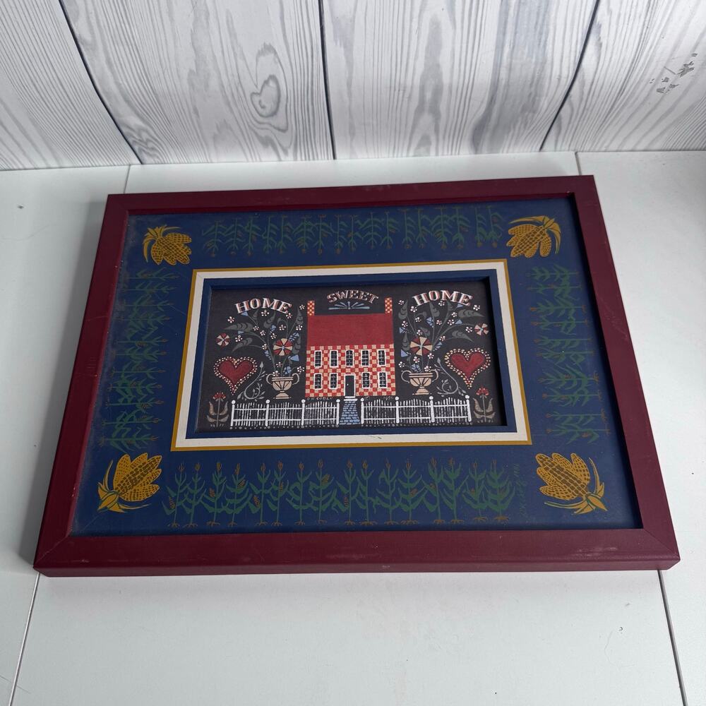 Vintage Folk Art Hand Painted Primitive Home Sweet Home Framed Art 1980s USA